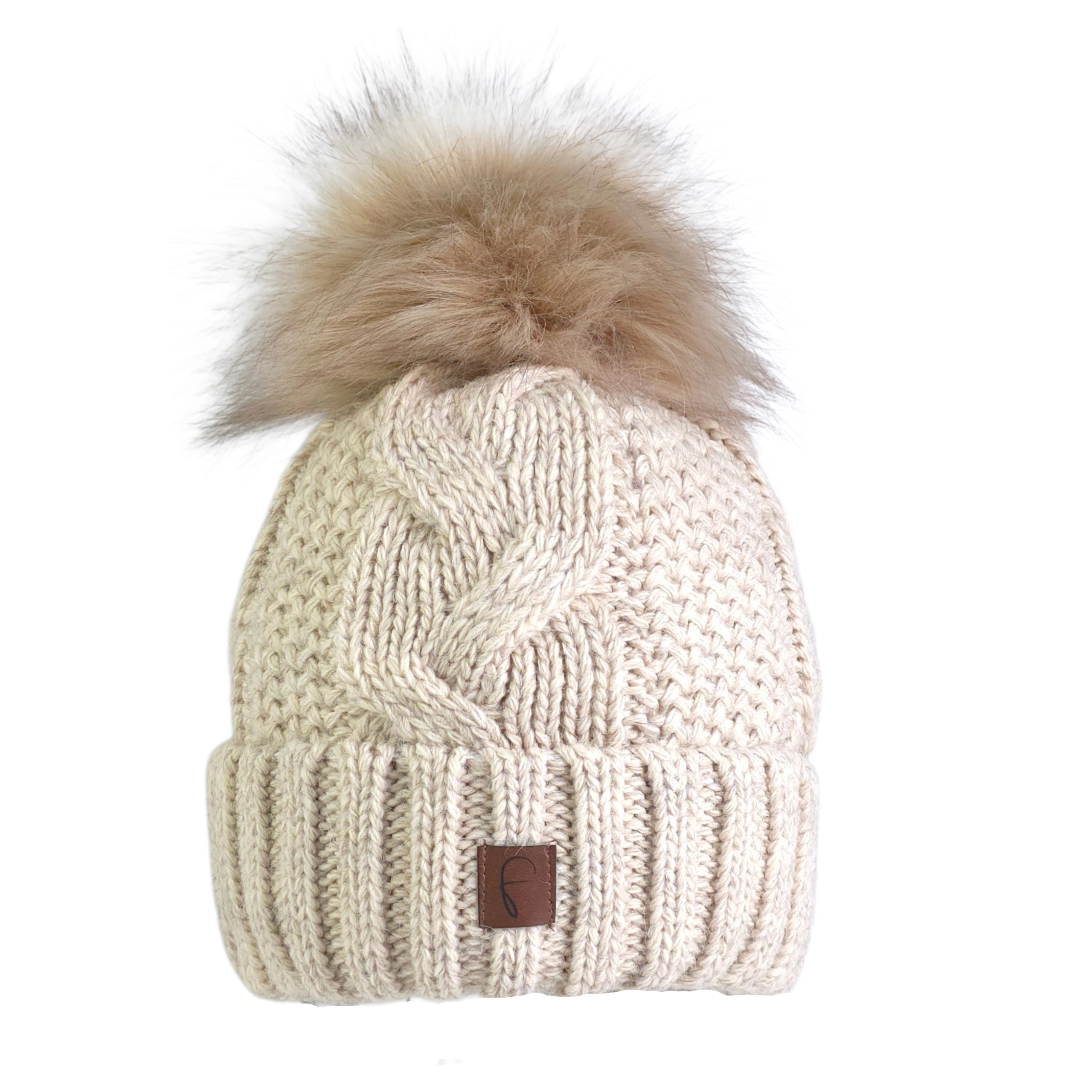 Damen Bommelmütze Zopfmuster